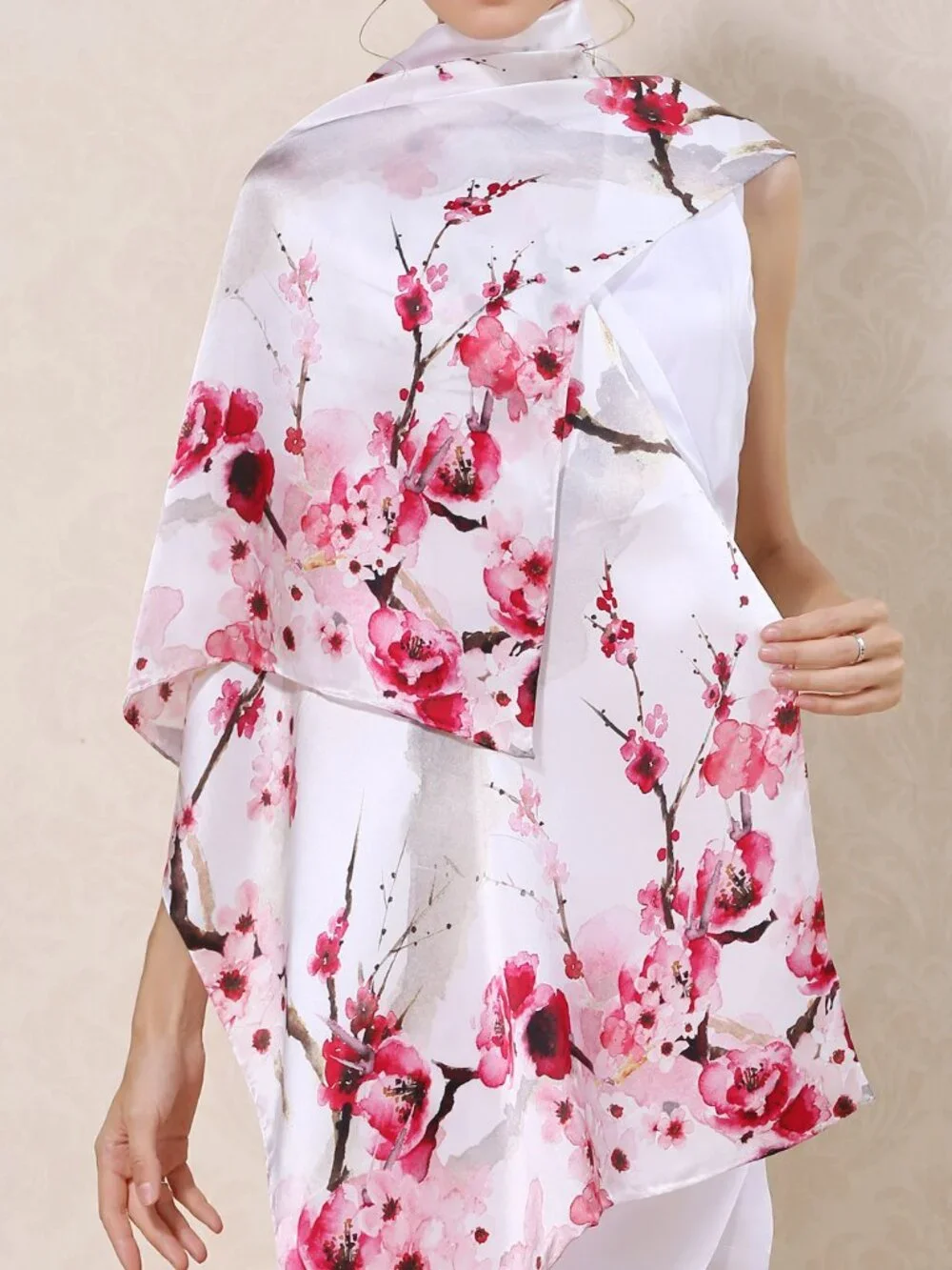 100% Silk Scarf, Oblong, Cherry Blossoms, White